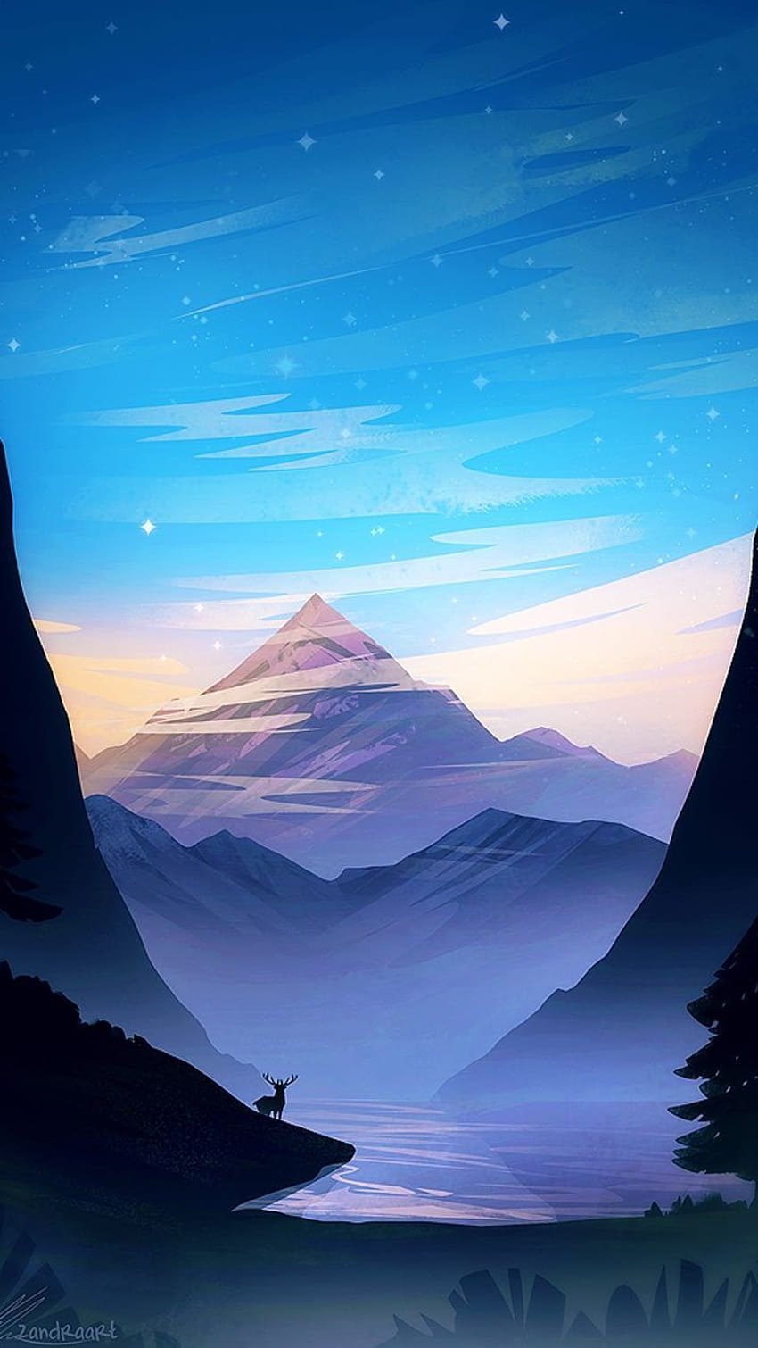 Coucher de soleil, vue sur la montagne de dessin animé esthétique Fond d'écran de téléphone HD