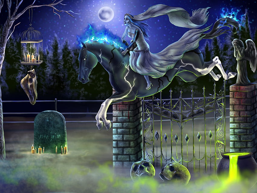 Horses Gothic Fantasy Fantasy Halloween Jump Moon 1600x1200, halloween