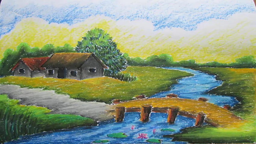 Mountain Lake Painting using oil pastel || Scenery Painting Tutorial-saigonsouth.com.vn