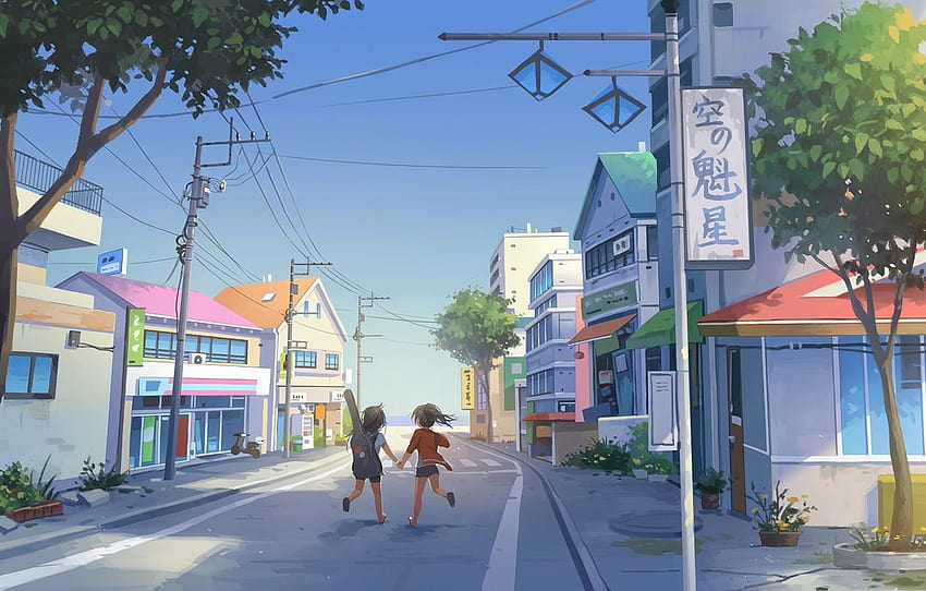 road, summer, the sky, trees, children, markup, street, posts, wire, home, Japan, the transition, stores , section прочее, anime summer street HD wallpaper