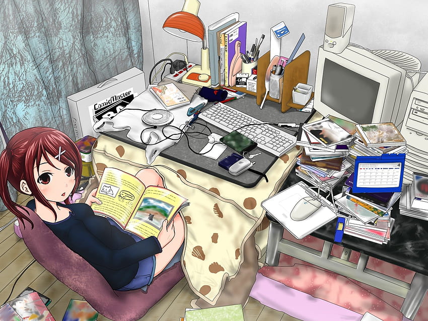 Headphones computers room redheads keyboards skirts red eyes messy anime anime girls, messy room HD wallpaper