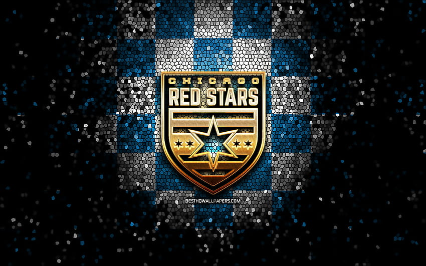 Chicago Red Stars FC, glitter logo, NWSL, blue white checkered background, soccer, american football club, Chicago Red Stars logo, mosaic art, football, Chicago Red Stars with resolution 2880x1800 HD wallpaper