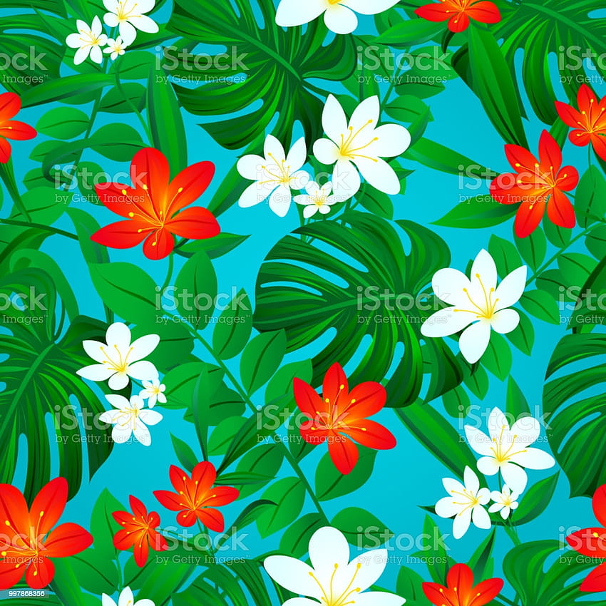 열 대 배경 여름 원활한 패턴 이국적인 잎 꽃 반복 질감 벡터 디자인 정글 식물 밝은 색상 녹색 빨간색 흰색 파란색 스톡 일러스트, 열대 색상과 다채로운 꽃 HD 전화 배경 화면