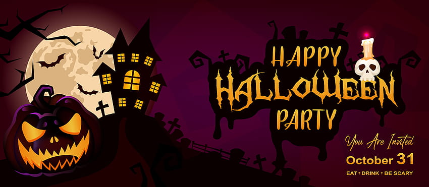 Happy halloween event flat banner vector template. Autumn holiday night party invitation card design layout. Scary, spooky cartoon backgrounds with pumpkin and lettering. Helloween horizontal poster 2934514 Vector Art at Vecteezy, horizontal halloween HD wallpaper