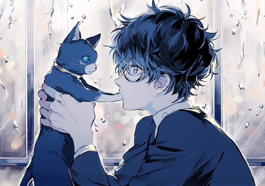 2048x1441 Persona 5, Kurusu Akira, Anime Boy, Cat, Glasses, Profile View, Cute, anime profile HD wallpaper