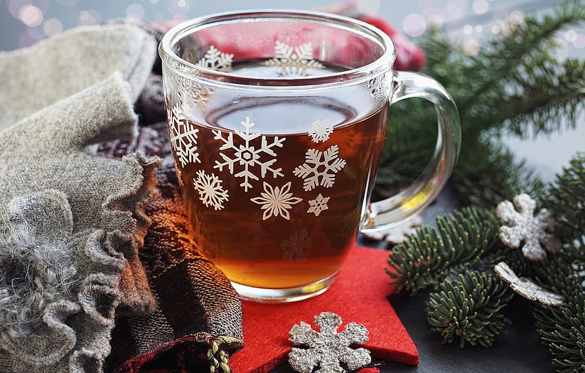 winter, snowflakes, tea, tree, mug, Cup, plaid, Christmas, New Year , section новый год, tea winter HD wallpaper