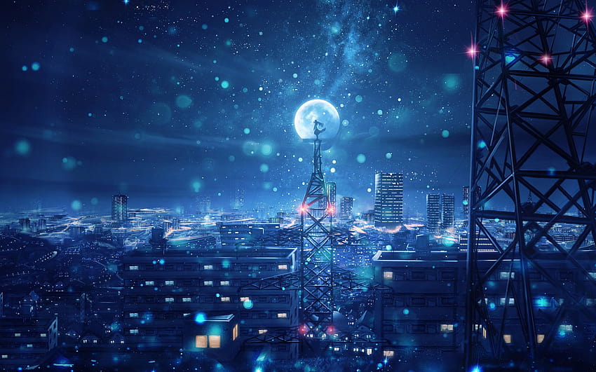2560x1600 Blue Night Big Moon Anime Scenery 2560x1600 解像度、背景、および青の美学 高画質の壁紙