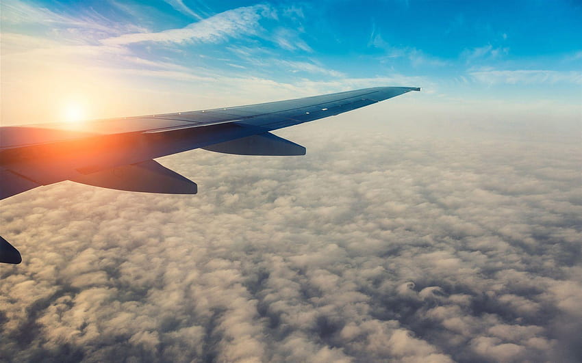 Passenger airplane, aircraft wing, sun, sky, clouds, avion HD wallpaper