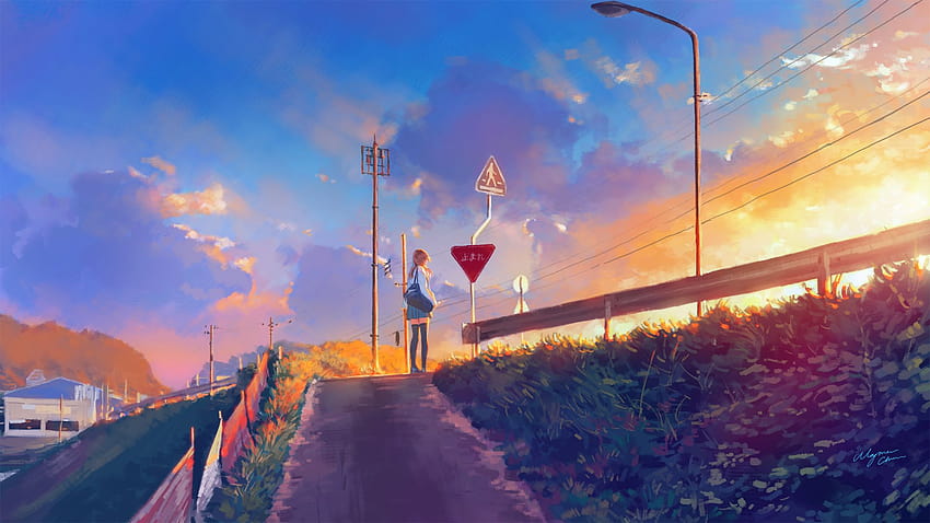 sunset, pathway, anime girl, original, sunset anime HD wallpaper
