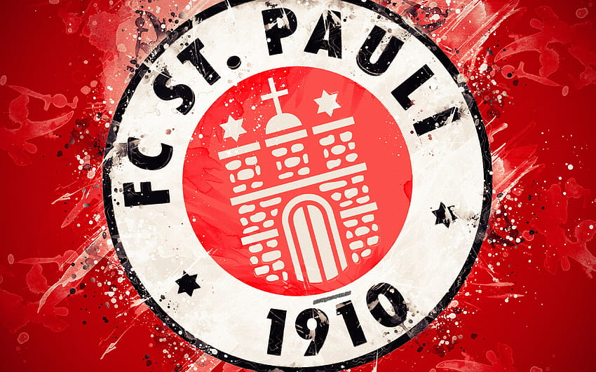FC St Pauli, paint art, logo, creative, German football team, Bundesliga 2, emblem, red background, grunge style, St Pauli, Germany, football with resolution 3840x2400. High Quality HD wallpaper