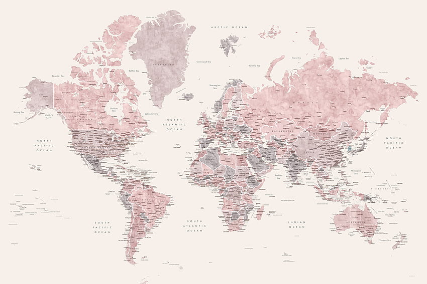 ほこりっぽいピンクとクリーム色の詳細な水彩世界地図の地図、Madelia ǀ 壁のすべての都市と国の地図、ピンクの世界地図 高画質の壁紙