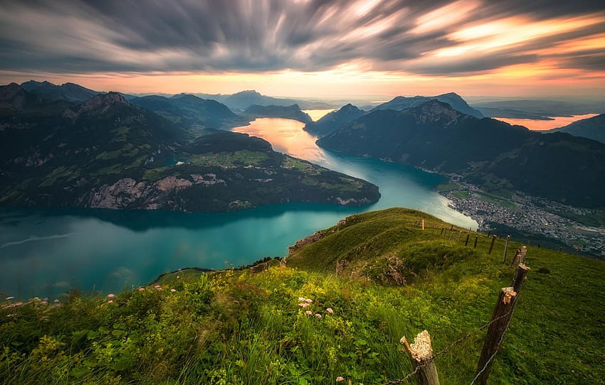 планини, езеро, Швейцария, Алпи, панорама, Швейцария, езеро Люцерн HD тапет