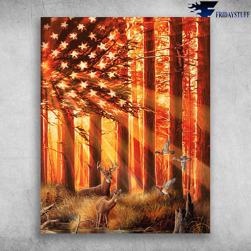Deer Sunshine American Flag Polowanie na jelenie i kaczki Płótno, plakat Tapeta na telefon HD