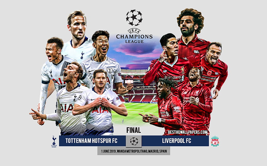 Tottenham Hotspur FC vs Liverpool FC, promo, 2019 UEFA Şampiyonlar Ligi Finali, futbolcular, takım liderleri, futbol, ​​Wanda Metropolitano, 1 Haziran 2019, UEFA Şampiyonlar Ligi, futbol maçı kararı ile HD duvar kağıdı