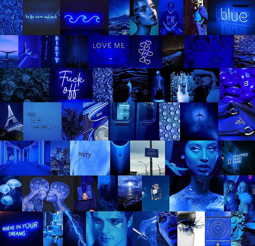 Neon Blue Aesthetic Collage Kit 60 PCs Room Decor Neon, neon blue collage HD wallpaper