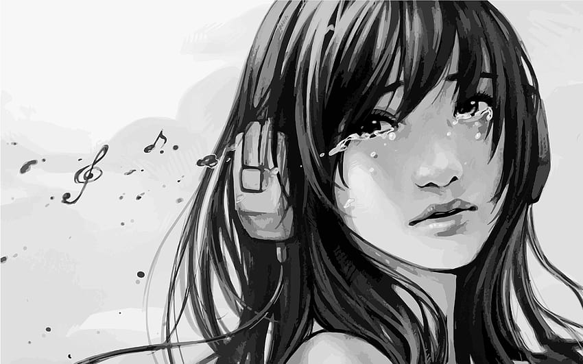 Arte de anime garota triste na chuva para papel de parede