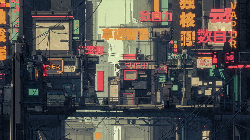 사이버펑크 시티 라이트 삽화 디지털 아트 도시 건물 애니메이션 미래형 SF 일본, 사이버펑크 재팬 HD 월페이퍼