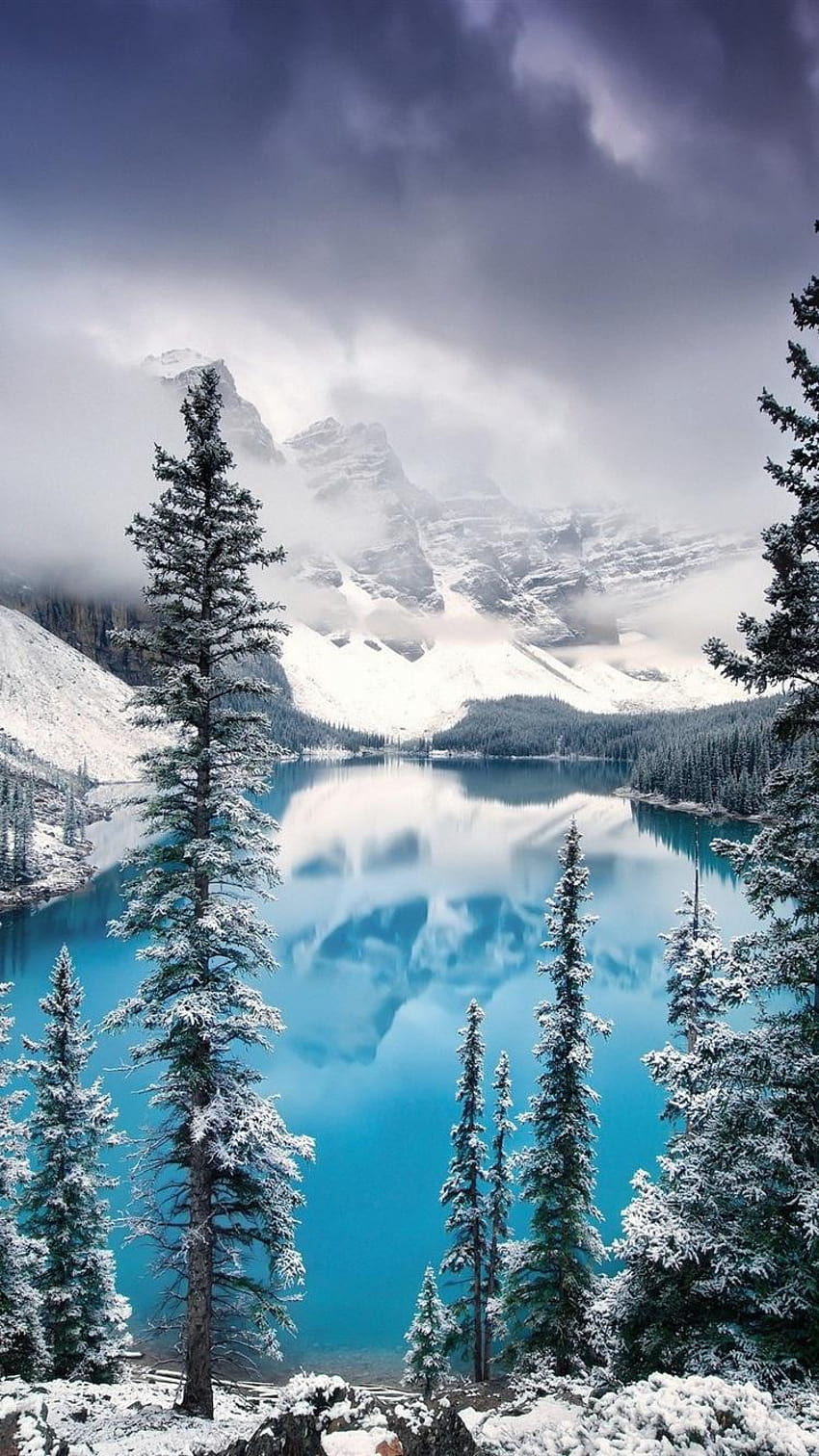 Kanada, Banff Ulusal Parkı, göl, ağaçlar, dağlar, kar, kanada kar dağları HD telefon duvar kağıdı