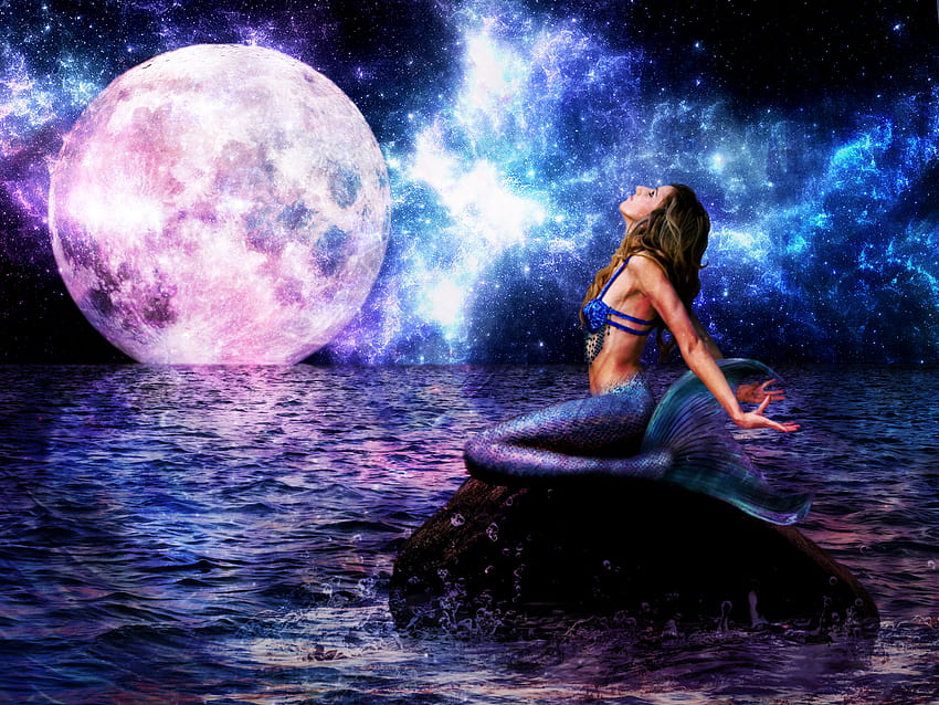 Fantasie-Meerjungfrau-Mondfelsenfrau HD-Hintergrundbild
