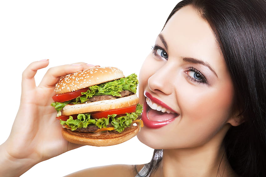 : лице, бяло, сини очи, брюнетка, ядене, бързо хранене, хамбургер, чиния, човешко действие 5616x3744, ядене на храна HD тапет