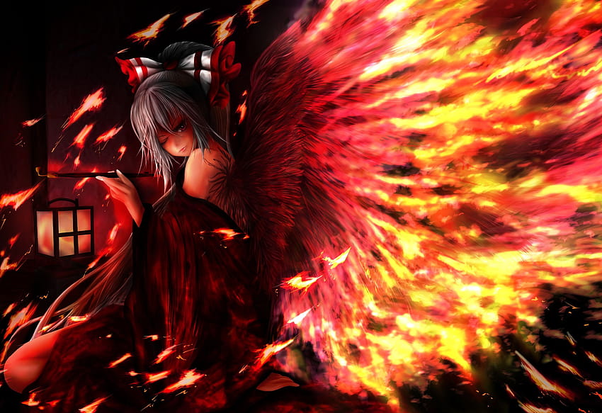 Touhou фентъзи векторно изкуство ангели огнени крила момиче готически тъмен HD тапет