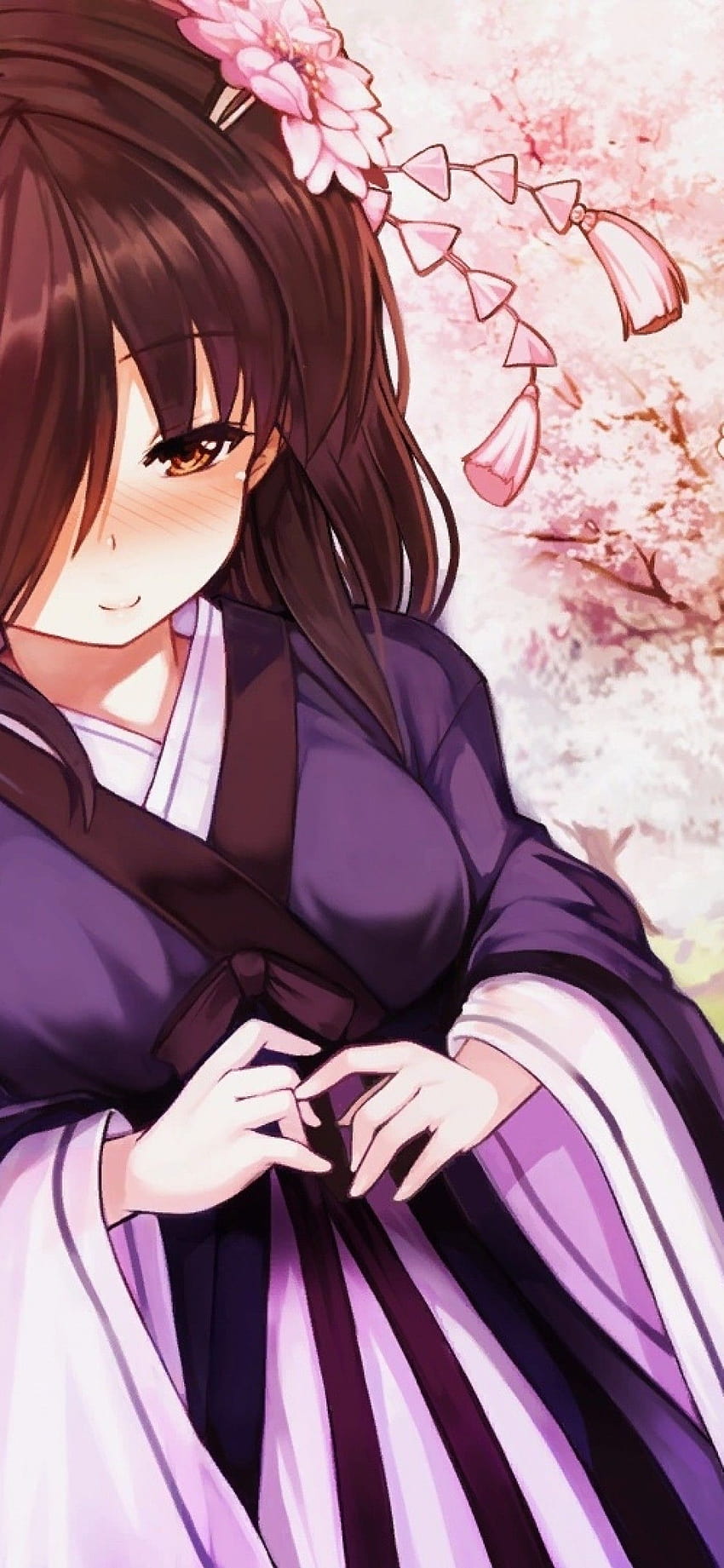 1125x2436 Anime Girl, Brown Hair, Kimono, Sakura Blossom, shy anime girl HD phone wallpaper