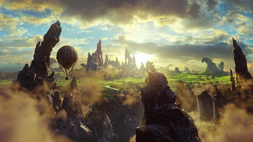 Oz: der Große und Mächtige, Fantasie, Klippen, Luftballon, Himmel, Kunst, Fantasienatur HD-Hintergrundbild