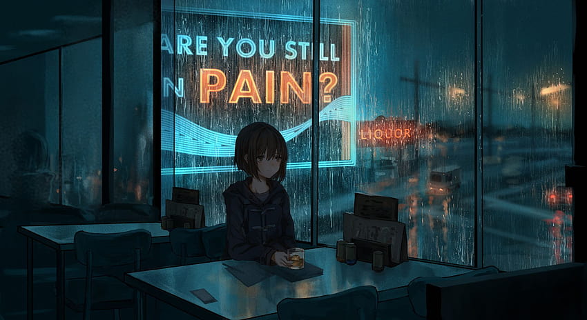 Anime 2000x1091 karanlık anime yağmur gece pencerede oturan restoran, anime kız kahve içiyor HD duvar kağıdı