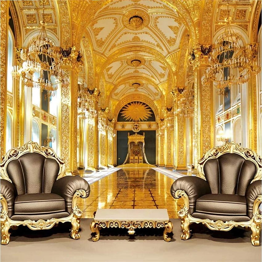Стенопис 3D Royal Palace Gold Персонализиран 3D ефект Голям стенопис Стенописи Домашен декор, кралски стол HD тапет за телефон