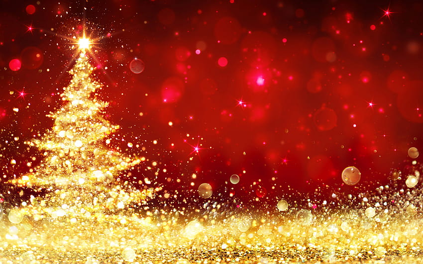 赤いクリスマスの背景、ゴールドのキラキラ クリスマス ツリー、新年あけましておめでとうございます、クリスマス、解像度 2880 x 1800 の金色の背景。 高品質、 高画質の壁紙