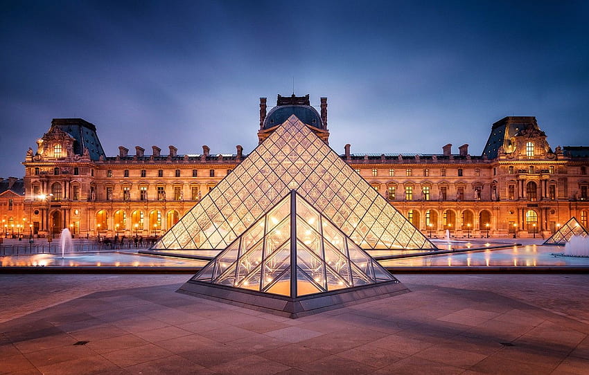 The city, France, Paris, the evening, The Louvre, lighting, backlight ...