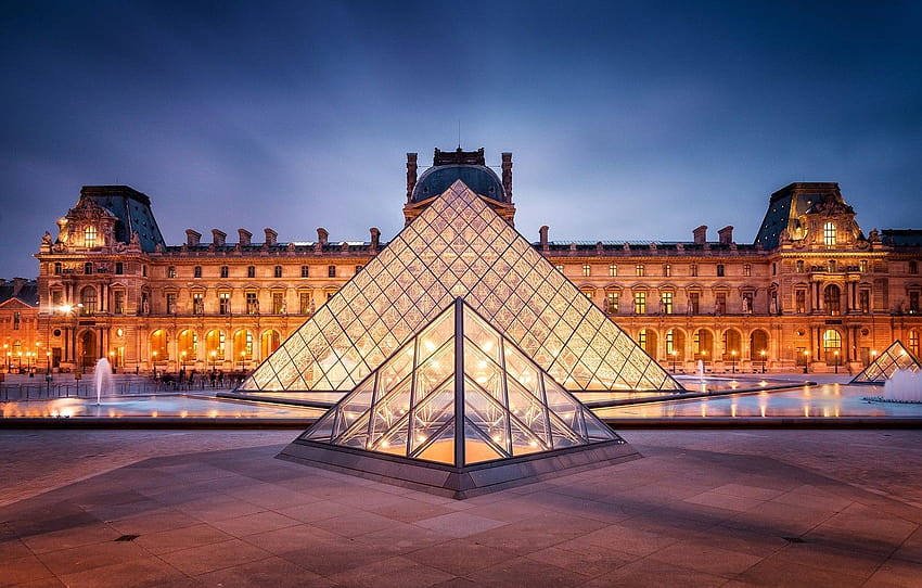 the city, France, Paris, the evening, The Louvre, lighting, backlight, area, pyramid, fountain, Paris, Museum, architecture, twilight, France, Louvre , section город, louvre museum HD wallpaper