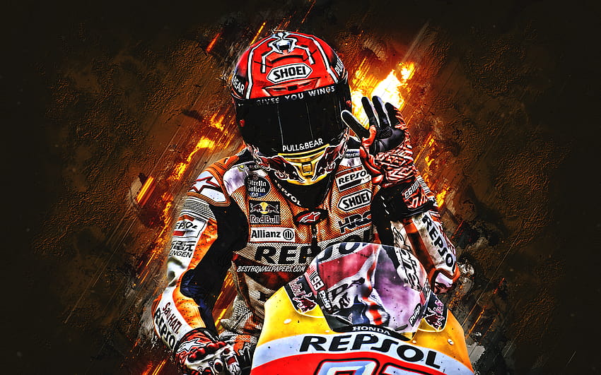マルク マルケス、スペインのオートバイ レーサー、レプソル ホンダ チーム、MotoGP、オレンジ色の石の背景、解像度 2880 x 1800 のクリエイティブ アート。 高品質 高画質の壁紙