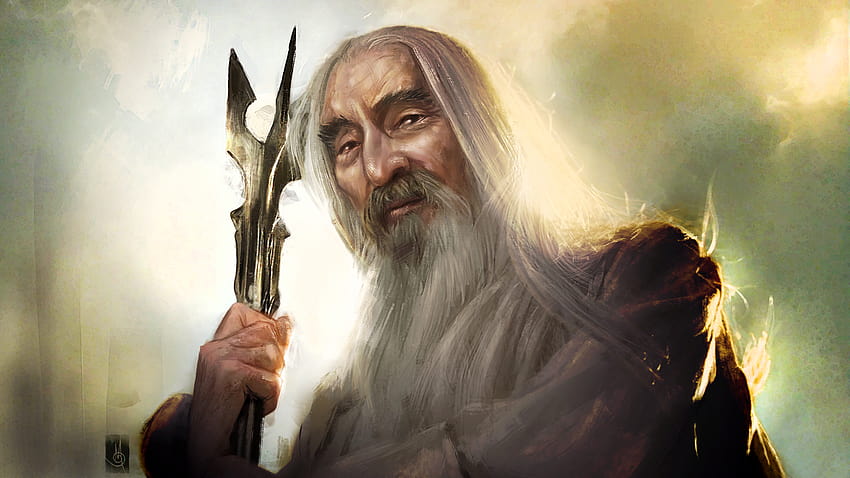 : Saruman, The Lord of the Rings, wizard, beards, artwork, fantasy art, staff, old people, Christopher Lee, portrait 2560x1440 HD wallpaper