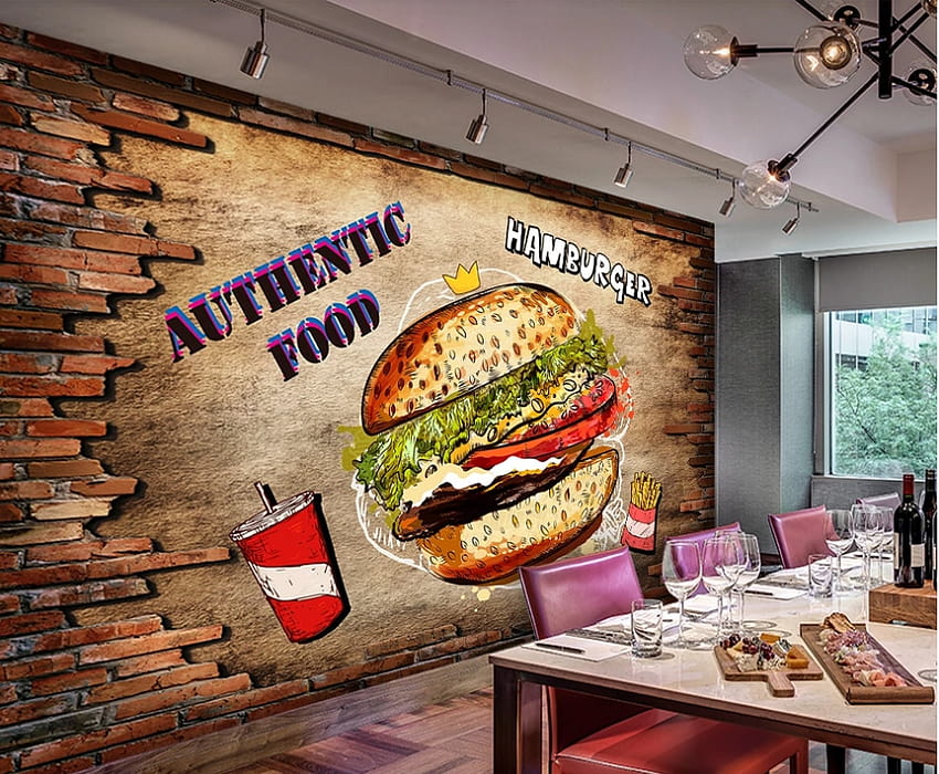 Milofi Profesjonalne Niestandardowe Foto 3D Restauracja Fast Food Burger Jedzenie Oprzyrządowanie Tła Ściana Tapeta HD