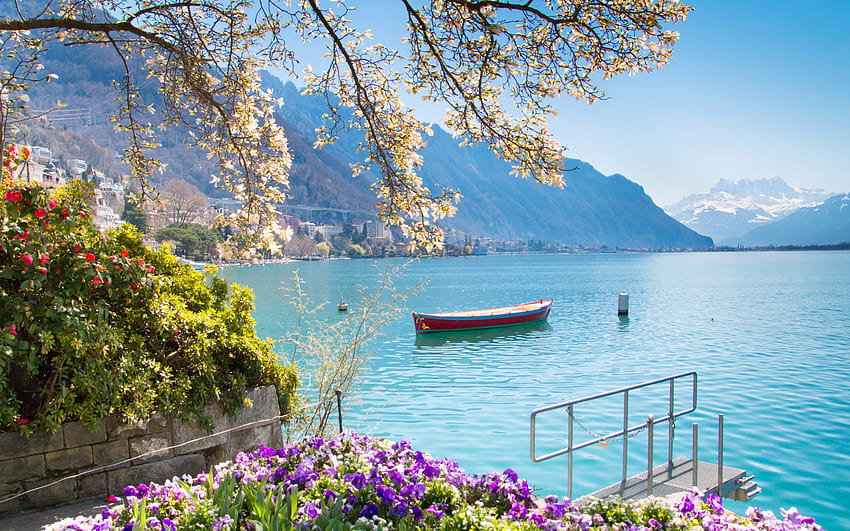 Danau Jenewa, Montreux, Alpen, pagi, danau yang indah, bunga, pemandangan gunung, Pemandangan kota Montreux, Swiss dengan resolusi 2880x1800. Kualitas tinggi, danau leman Wallpaper HD