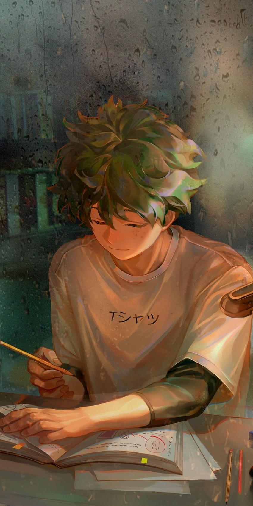 Homework, green hair, anime boy, art, Izuku Midoriya, 1080x2160, anime guy green HD phone wallpaper