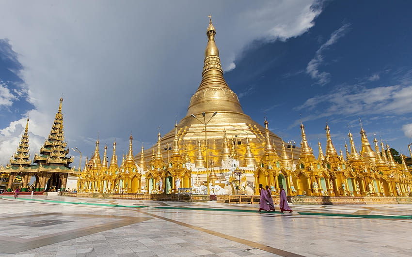 Yangon, Myanmar, Shwedagon Pagoda, monks for HD wallpaper