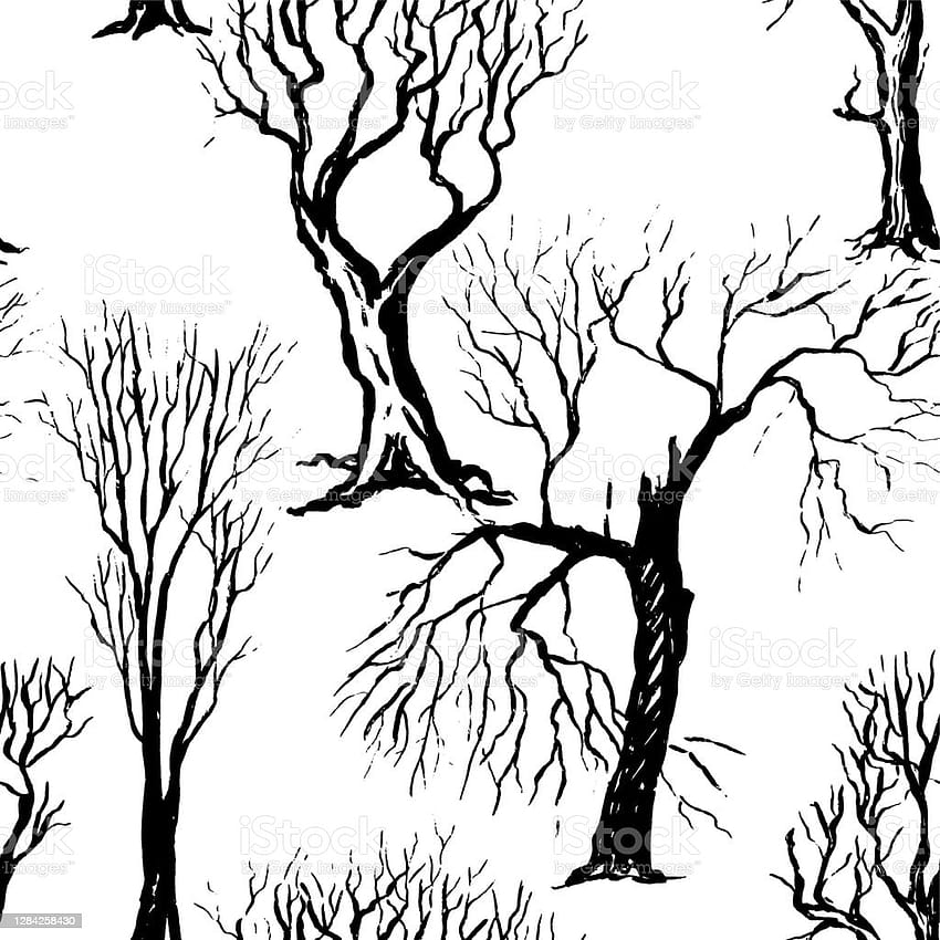 Вектор, ръчно нарисуван безшевен модел, монохромна гъста гора в стил на скица, фонове с различни силуети на дървета без листа, изолиран дизайн за опаковане на щампи от плат и т.н. Стокова илюстрация HD тапет за телефон