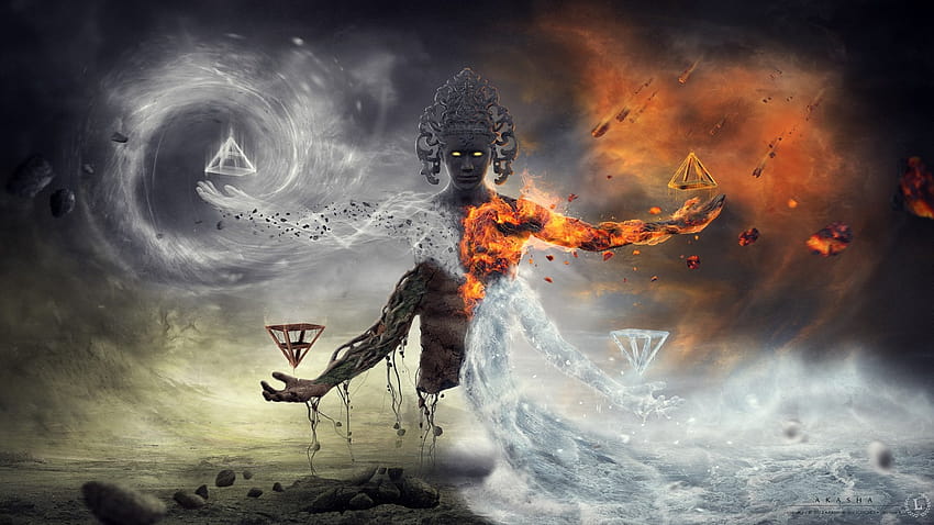 Obra de arte de fantasía elemental fuego dioses dios hielo demonio psicodélico fondo de pantalla