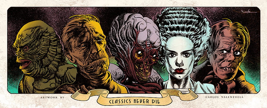 Classic Monsters Print by Valzonline [1400x570] for your , Mobile & Tablet, classic horror HD wallpaper