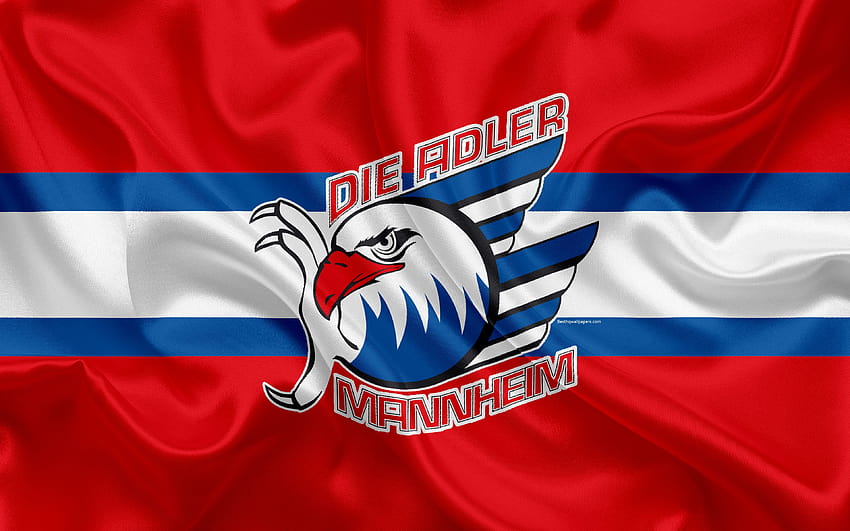 Adler Mannheim, German hockey club, logo, emblem, hockey, Deutsche Eishockey Liga, Mannheim, Germany, silk flag, German hockey championship with resolution 3840x2400. High Quality, adler high HD wallpaper
