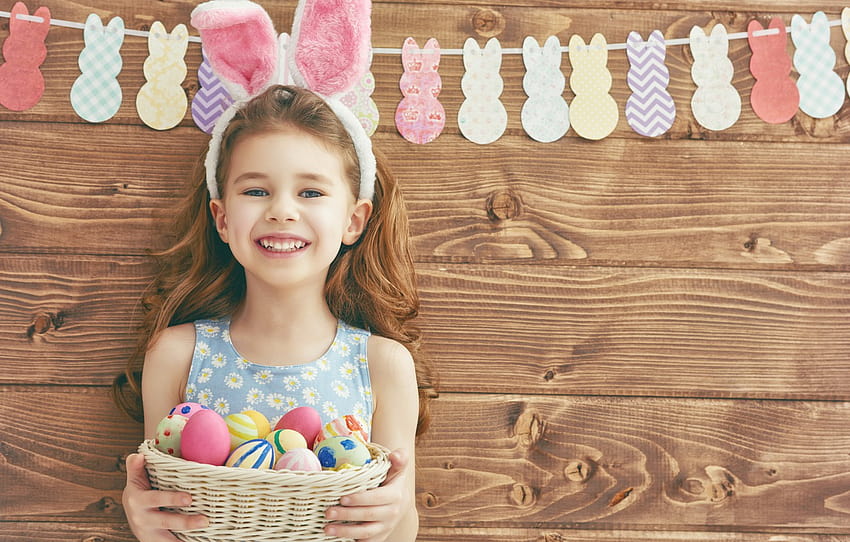 wall, holiday, basket, Board, eggs, Easter, girl, garland, ears, child, Easter , section праздники, easter woman HD wallpaper