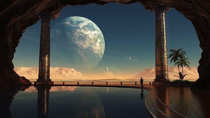 fantasy landscape, moon, mountain HD wallpaper