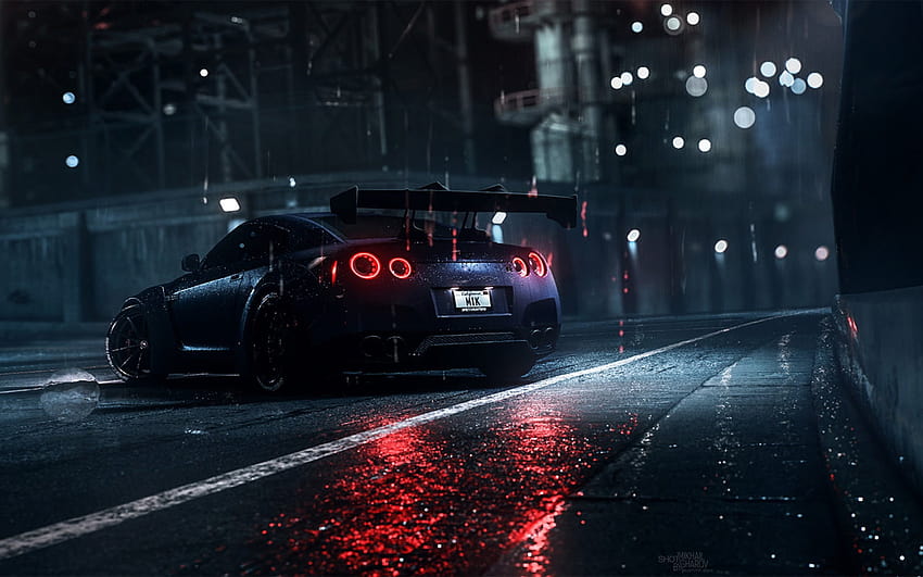 mobil sport biru, gelap, malam, hujan, Nissan, Nissan GT, mobil super dasar Wallpaper HD