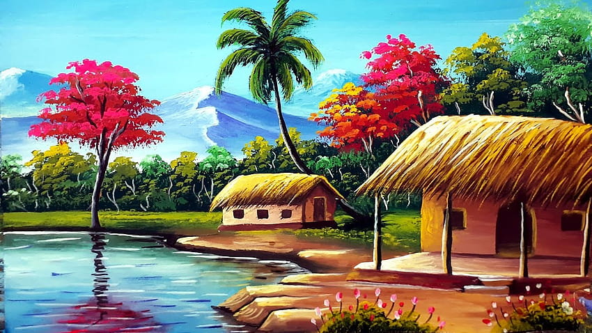 Pintura de cenário de aldeia indiana, pintura de aldeia papel de parede HD
