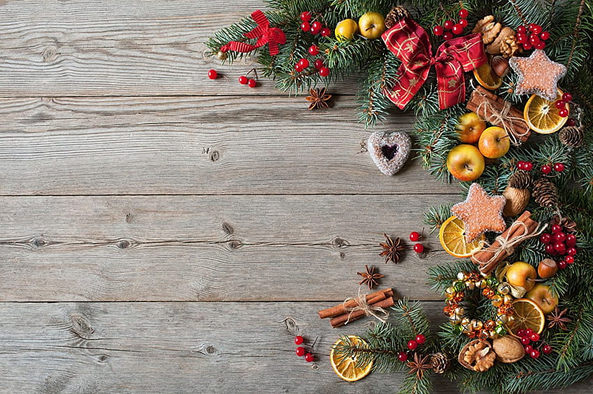 Christmas Lemons Cinnamon Food Cookies Bowknot Branches, christmas wood decor HD wallpaper