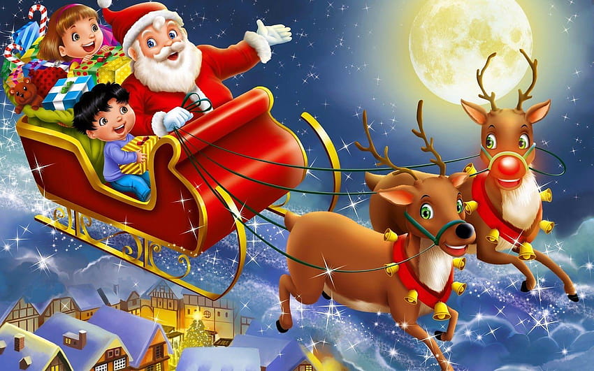 Santa Claus coming to town riding his reindeer sleigh flying in sky, santas sleigh in the sky HD wallpaper