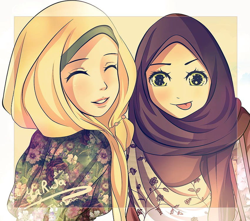 Cute Cartoon Hijab Girl, kartun gadis muslimah bersama keluarga Wallpaper HD