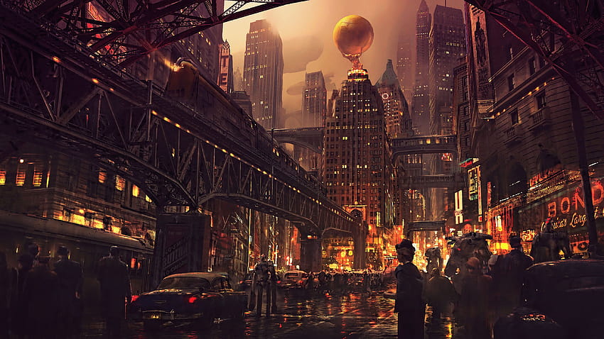 : night, artwork, futuristic city, science fiction, concept art, cityscape, street, The Boulevard, retro science fiction, dystopian, digital art 3840x2160, dystopian city HD wallpaper